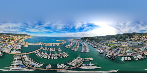 Varazze, Italy - Aerial view of the Yachts and sailboats in the Marina on the Mediterranean Sea