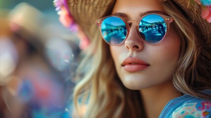 Beautiful young woman with sunglasses and straw hat at music festival, enjoying the summer vibes...