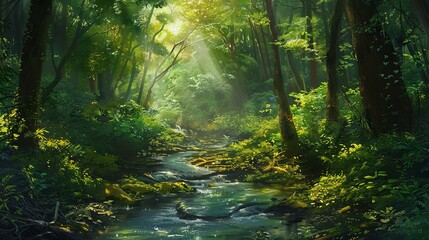 Fototapeta na wymiar A stream gracefully winds its way through a dense forest, surrounded by vibrant green trees and foliage. The sunlight filters through the canopy, casting dappled shadows on the forest floor.