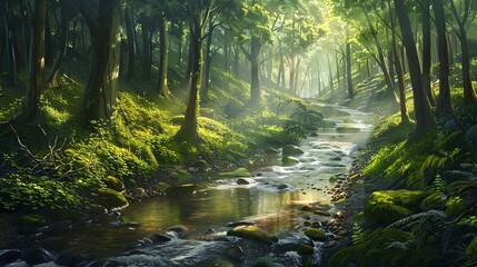 Fototapeta na wymiar A stream gracefully winds its way through a dense forest, surrounded by vibrant green trees and foliage. The sunlight filters through the canopy, casting dappled shadows on the forest floor.