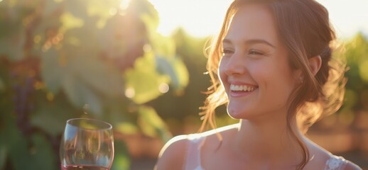 A smiling woman holding a glass of wine, relishing the moment in a sunlit vineyard.
