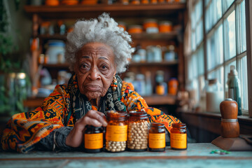 A senior woman examines medicine bottles on a kitchen table with concern.