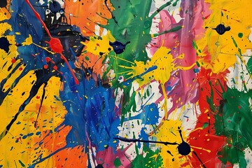 Energetic splashes of colorful paint creating an abstract expressionist composition, acrylic on canvas