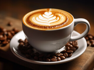 Morning coffee with milk and coffee beans for flavor, white cup, netral background.