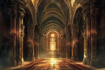 Fantasy Palace Hall Interior, Majestic Architectural Backdrop, Concept Art Illustration