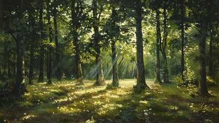 A summer forest filled with an abundance of towering, verdant trees, casting dappled light and shadows.
