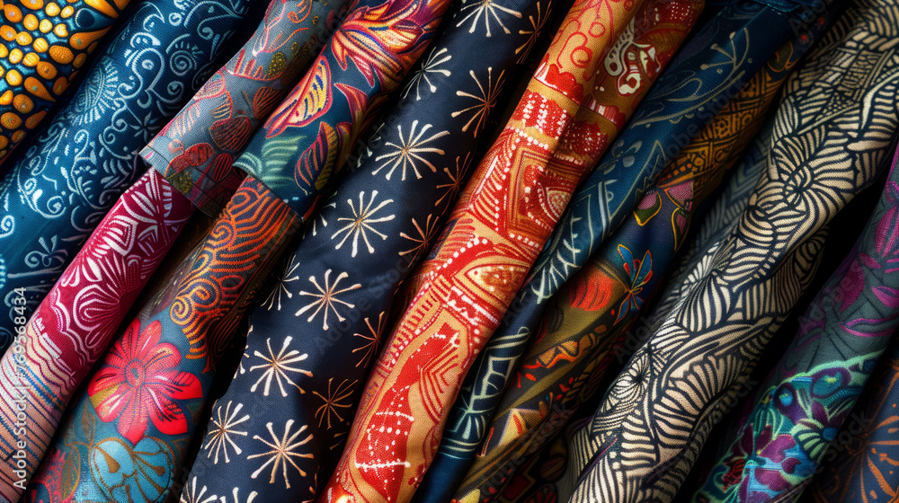 Poster richly colored and elegantly rolled fabrics with intricate designs are the focus in this image