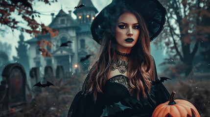 Fashionable attractive young woman in a witch costume with a pumpkin in her hand on a scary Halloween background. Halloween Cosplay - obrazy, fototapety, plakaty