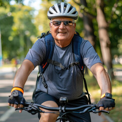 Happy senior man in sportswear riding bicycle. He is leading an active lifestyle. Active old age concept