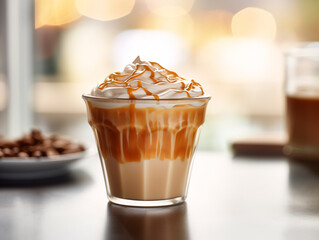 Dessert drink glace caramel, coffee with milk, glass clear cup, neutral background.