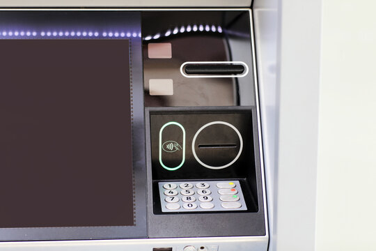 Automated teller machine details, ATM. Cashpoint keypad, NFC contactless wifi system, card reader and receipt printer. Finance, transactions, credit card, money withdrawal, currency, security banking