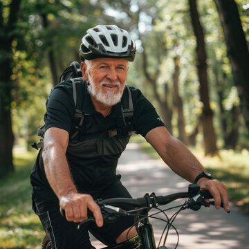 Senior man in sportswear riding bicycle. He is leading an active lifestyle. Active old age concept