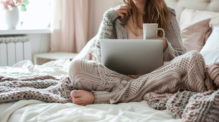 A young woman sits on a bed with a cup of coffee in her hands and works at a laptop. Remote work concept - obrazy, fototapety, plakaty