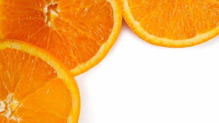 Orange slice isolated on white background. Wide banner place for text. fresh fruit