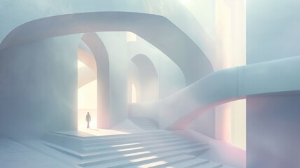 Abstract architecture with a serene, dreamlike ambience and a lone figure walking amidst pastel arches and stairways.