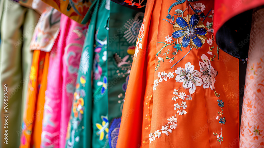 Poster an array of brightly colored hanging textiles adorned with exquisite floral embroidery and patterns