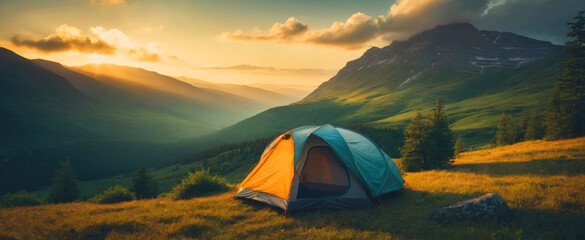 Mountain camping with visible tent, beautiful scenery. Panorama. - obrazy, fototapety, plakaty