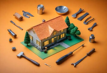 Aerial view of the cottage model on the table, surrounded by scattered tools and materials.