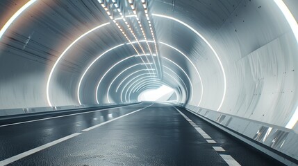 A 3D rendering of a futuristic-looking architectural tunnel on a highway, with an empty asphalt road running through it.