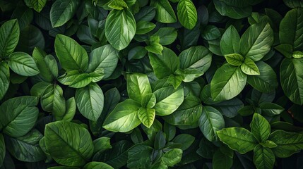 A top view of fresh green leaves tightly packed together, creating a nature-themed background texture. - obrazy, fototapety, plakaty