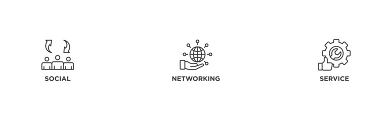 SNS banner web icon illustration concept of social networking service with icon of communication, chat, community, internet, and user	