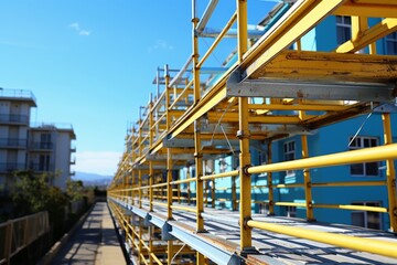 A construction worker in a yellow hard hat standing among metal scaffolding, carefully examining the structure above.
