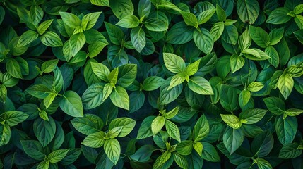 A top view of fresh green leaves tightly packed together, creating a nature-themed background texture. - obrazy, fototapety, plakaty