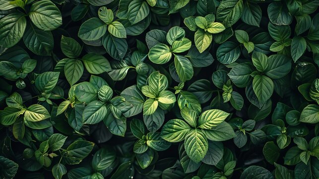 A top view of fresh green leaves tightly packed together, creating a nature-themed background texture.