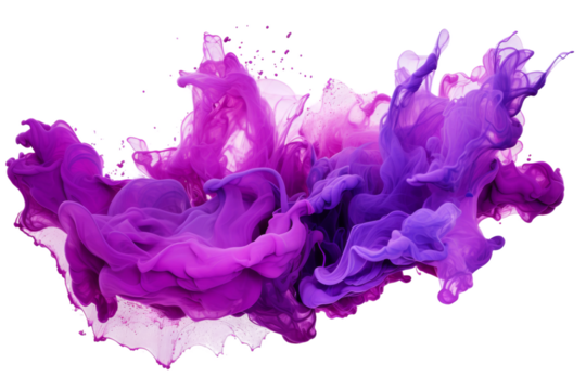 Swirling Symphony: Purple and Pink Ink Dance in Water. On a White or Clear Surface PNG Transparent Background.