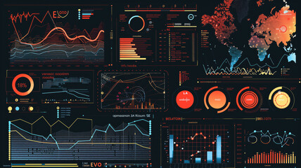 Big data analytics report. Infographic with graph and chart on abstract background. Distribution of data by business categories. Created with Generative AI 