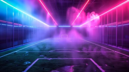 A soccer field with a neon fog in the middle, seen from the midfield. - obrazy, fototapety, plakaty