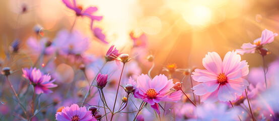 Colorful cosmos flowers in a meadow on a spring or summer sunset light background, Generative AI