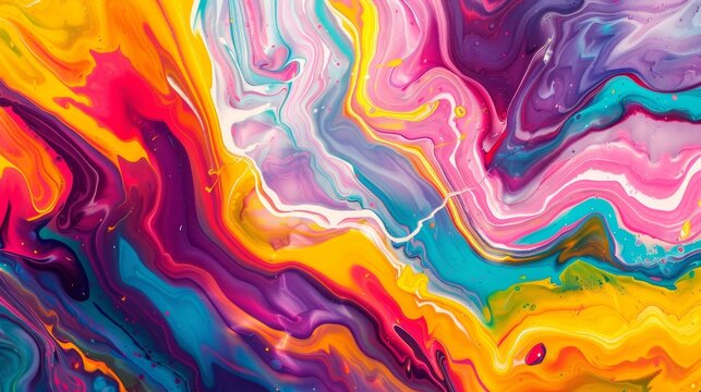 Abstract painting background with vibrant acrylic colors swirling and blending together like liquid marble.