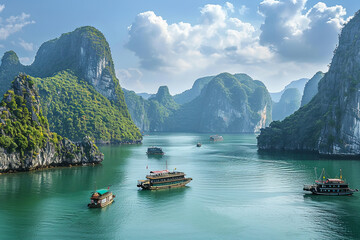 Tourist boats floating among limestone formations at Ha Long Bay, South China Sea, Vietnam, Southeast Asia - obrazy, fototapety, plakaty