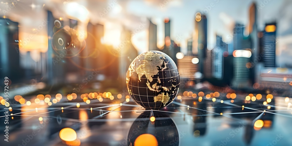 Poster global business network connecting financial and banking data for stock analysis and economic develo