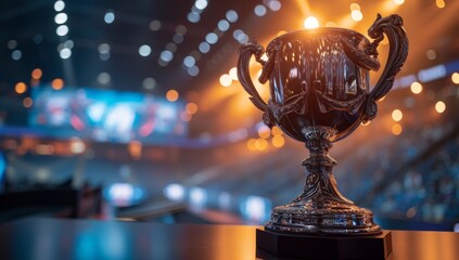 Close up of a silver trophy cup on a table with blurred stadium lights in the background. Concept of winning, achievement, success, and victory. - Powered by Adobe