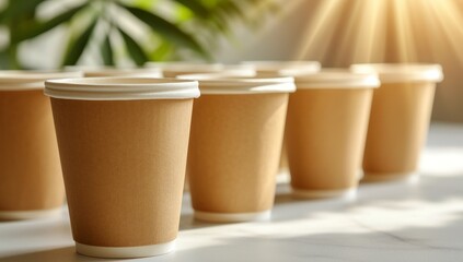 Obraz na płótnie Canvas Disposable coffee cups in row on table, takeaway drinks concept. Eco friendly paper cups with hot beverages, cafeteria or coffee shop theme.