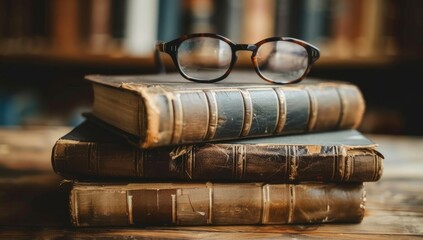 Vintage glasses resting on antique books in a cozy library setting. Concept of knowledge, wisdom,...