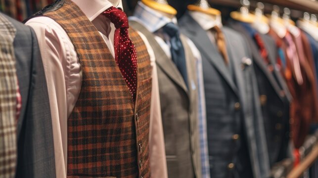 Businessman wearing a classic vest stands out among a line of suits in a store.
