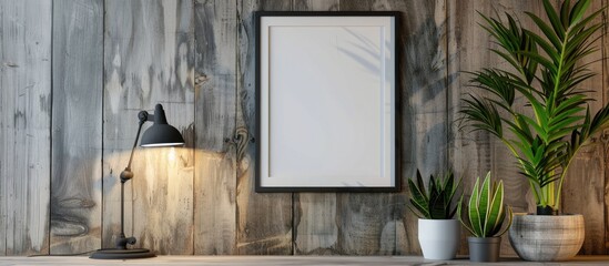 Fototapeta premium Decorative picture frame, plants, and lamp on textured wooden background. 