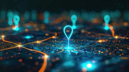 Digital pinpoint markers show different locations on a map. AI in GPS uses map technology to create better routes and transportation logistics. This helps find new office locations or change addresses - obrazy, fototapety, plakaty