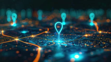 Fotobehang Digital pinpoint markers show different locations on a map. AI in GPS uses map technology to create better routes and transportation logistics. This helps find new office locations or change addresses © Farda