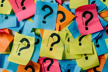 a pile of colorful post - it notes with question marks on them and a question mark in the middle of the post - it notes.