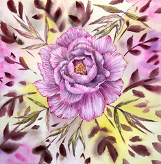 Hand painted watercolor peony. Pink watercolor peony on the pink and light green background. Peony painting.