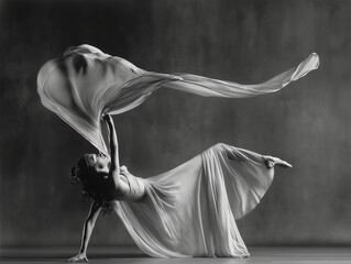 A monochrome image capturing the fluid motion of a dancer draped in flowing fabric, exemplifying...