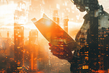 Businessman holding a memo and prompting to write something down. Double exposure, panoramic view of a modern cityscape in the background, bathed in orange sunlight - obrazy, fototapety, plakaty