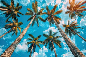Blue sky and palm trees view from below