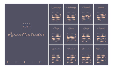 Lunar calendar, lunar monthly cycle planner for 2025 year template. Astrology, astronomical lunar sphere shadow, whole cycle from new to full moon calendar banner, card vector illustration - obrazy, fototapety, plakaty