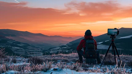 Foto auf Glas nomad Digital mountain landscape at sunset with laptop and camera © Samu Carvajal