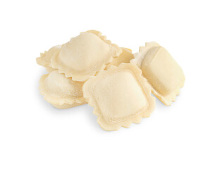 Heap of frozen raw homemade italian ravioli type of pasta made with wheat dough stuffed with cheese of square shape isolated on white background used as ingredient for traditional mediterranean dinner